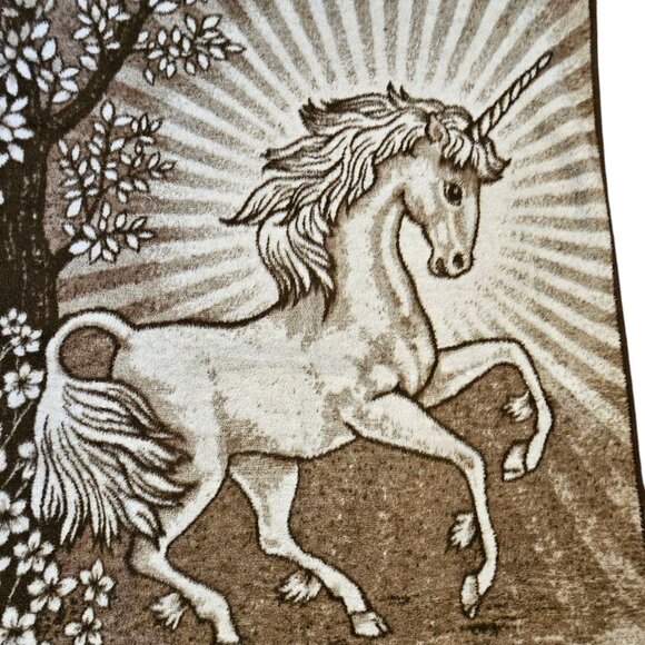 Vintage Cannon Ibena Unicorn Blanket Reversible Brown Soft Made In Greece 57x77" - Picture 2 of 10